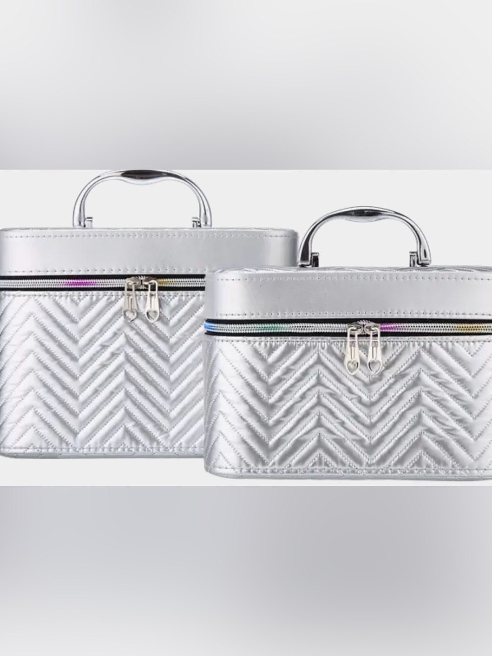 Silver Quilted Top-Handle Women’s Cosmetic Train Case